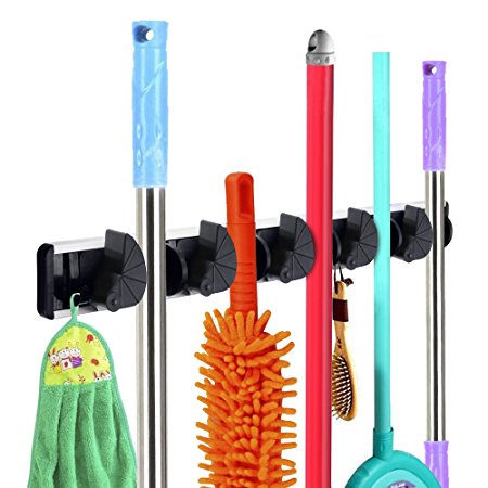 Rovtop Mop Broom Holders with 5 Ball Slots and 6 Hooks Wall Mounted Organizer