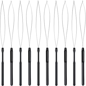 10 Pieces Hair Extension Loop Needle Threader Pulling Hook Tool and Bead Device Tool Black Loop Threader for Hair or Feather Extensions (Black)