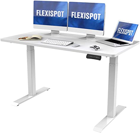 FlexiSpot Dual Motor Electric Standing Desk, 55 x 28 Inches Stand Up Desk, Adjustable Desk, Home Office Table Standing Desk Converter Computer Workstation, White Frame, White Desktop…