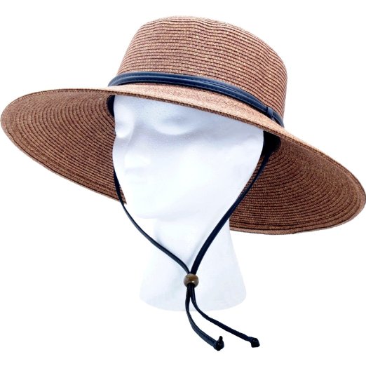 Sloggers 442DB01 Women's  Wide Brim Braided Sun Hat with Wind Lanyard - Dark Brown - Rated UPF 50   Maximum Sun Protection