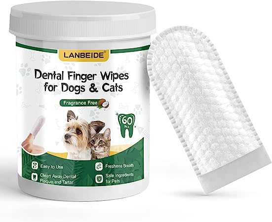 LANBEIDE Teeth Cleaning Finger Wipes for Dogs & Cats, Dog Dental Care Wipes 60 Count for Reducing Plaque & Tartar, Breath Freshener Dental and Gum Care Wipe for Pets, No Brushing