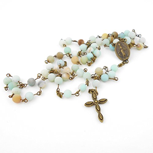 Frosted Turquoise Amazonite Five Decade Rosary with Miraculous Medal in Antique Bronze colour