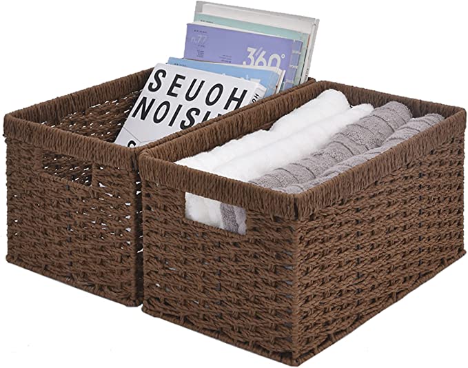 StorageWorks Round Paper Rope Storage Baskets, Rectangular Wicker Baskets with Built-in Handles, Medium, 2-Pack, 13” x 8.7” x 7”