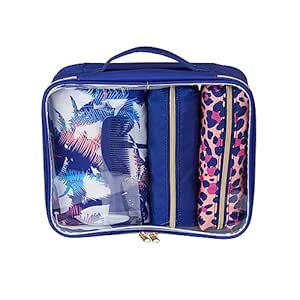 Conair 5 Piece Toiletry and Cosmetic Bag Set Under $30, Includes 4 Makeup Bags and 1 Travel Comb in Blue Palm Prints