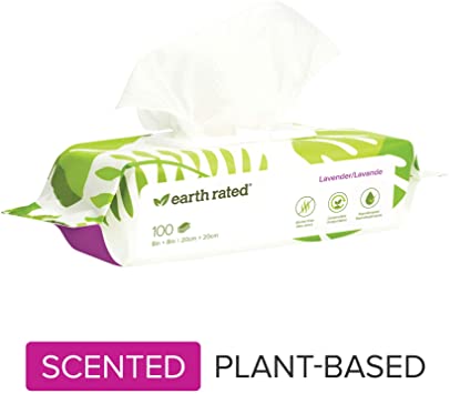 Earth Rated Dog Wipes, 100 Plant-based and Compostable Wipes for Dogs & Cats, USDA-Certified 99 Percent Biobased, Hypoallergenic, Lavender-scented Deodorizing Grooming Pet Wipes for Paws, Body and Butt, Doggie Wipes Measure 8 x 8 Inches