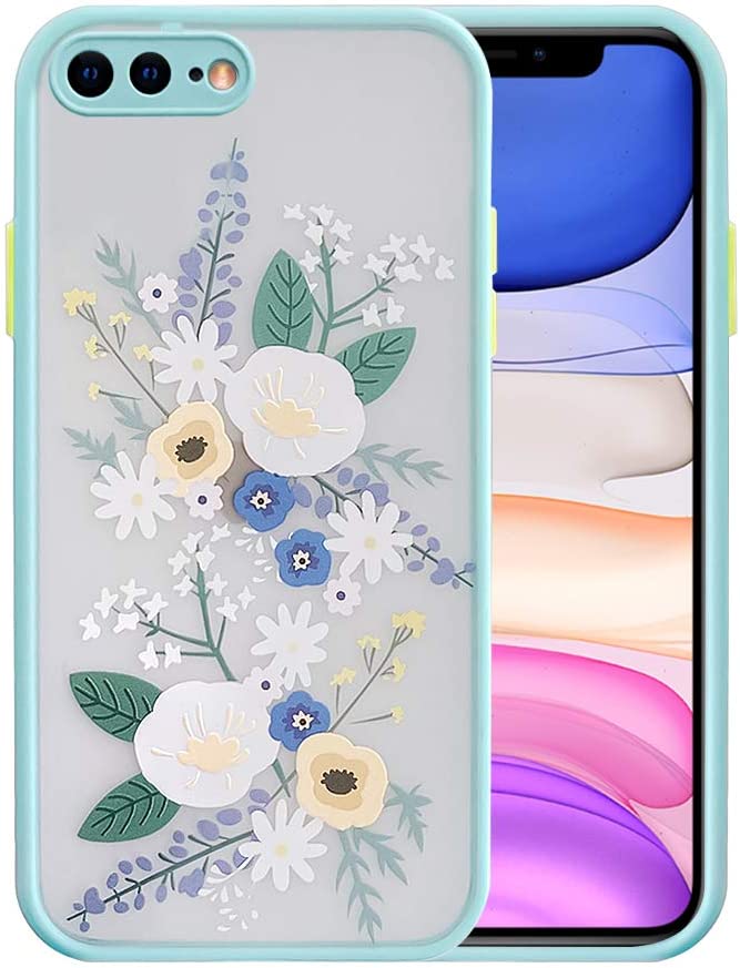 Ownest Compatible with iPhone 7 Plus/8 Plus Case with Clear Flowers Pattern Frosted PC Back 3D Floral Girls Woman and Soft TPU Bumper Silicone Slim Shockproof Case for iPhone 7 Plus/8 Plus-Blue