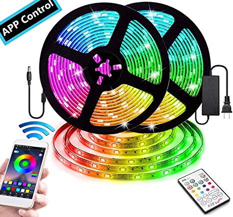 Smart App Controlled Color Changing LED Strip Lights, 32.8ft Waterproof SMD 5050 RGB LED Lights with Bluetooth Controller and IR Remote for Room, Bedroom, Party, Kitchen, Porch, Patio and Dorm Decor