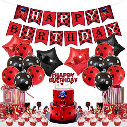 Ladybug Birthday Party Decorations, Happy Birthday Banner, Ladybug Cake Topper, Black Red Latex Aluminum Foil Balloons,for Miraculous Ladybug Theme Birthday Party Supplies