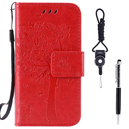 Galaxy A5 (2017) Case, SsHhUu Premium PU Leather Folio Wallet Magnetic Stand Credit Card Slot Flip Protective   Stylus Pen   Lanyard Cover Case for Samsung Galaxy A5 (2017) / A520F (5.2") Red