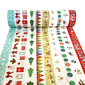 XYBAGS Christmas Decorative Washi Tape,Set of 10 Rolls, Assortment of Christmas Holiday Designs & Shapes (Style H)