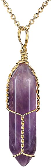 JADENOVA Full Wire Wrapped Energy Healing Crystal Gemstone Pendant Necklace 18" Stainless Steel Chain