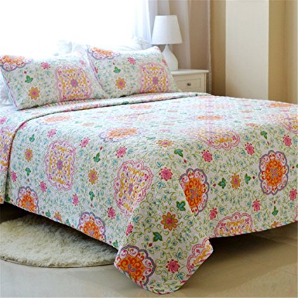 Floral Printing 3 Piece Cotton Bedspread Quilt Sets Queen