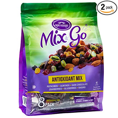 MIX & GO 2 PACK Single Serve Trail Mix Snack Packs, Healthy Snack Bag, Antioxidant Fruit & Nut (contains 16 packs of 2 oz. bags)