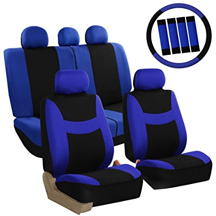 FH GROUP FH-FB030115 Combo Light & Breezy Cloth Full Set Car Seat Covers (Airbag & Split Ready), Blue / Black- Fit Most Car, Truck, Suv, or Van