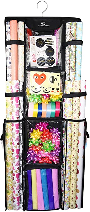 Double Sided Hanging Gift Wrap Organizer | Large 16” x 41” Wrapping Paper Rolls Storage Bag | Tearproof & Space Saving Closet Gift Bag Organization Solution | Sturdy Zippers (Black)