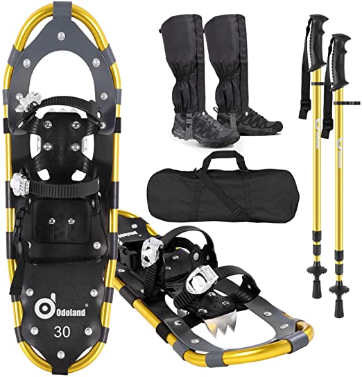 Odoland 4-in-1 Snowshoes Snow Shoes for Men and Women with Trekking Poles, Carrying Tote Bag and Waterproof Snow Leg Gaiters, Lightweight Aluminum Alloy Snow Shoes, Size 21''/25''/30''