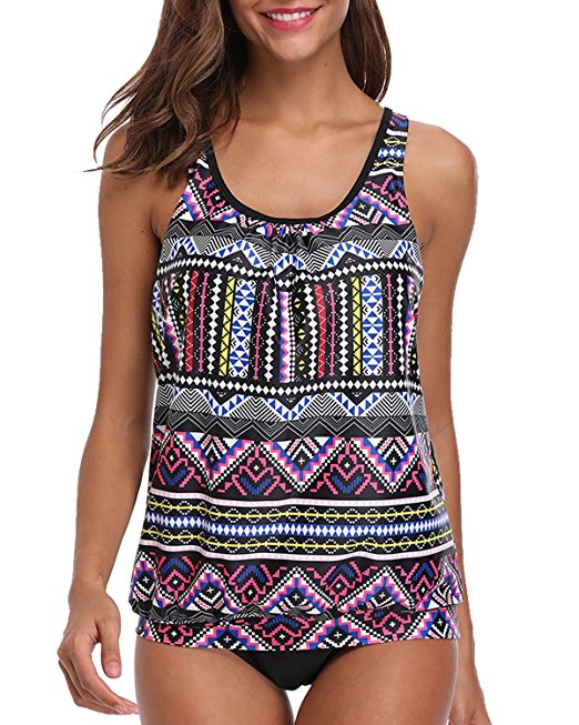 Yonique Women Two Pieces Tribal Printed Flounce Tankini Sets with Triangle Brief Swimsuit