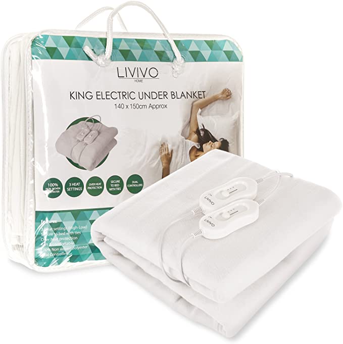 LIVIVO ® Electric Under Blanket – Soft and Comfortable Heated Sheet with 3 Heat Settings – Secures to Bed with Ties - Machine Wash Detachable Control – Overheat Protection (King (Dual Control))