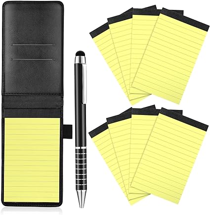 Outus 10 Pcs Mini Pocket Notepad Holder Set Included Mini Pocket Notepad Holder with 50 Lined Sheets, Metal Pen, 8 Pcs 3 x 5 Inch Memo Book Refills, 30 Lined Paper Per Note Pad (Black, Yellow)