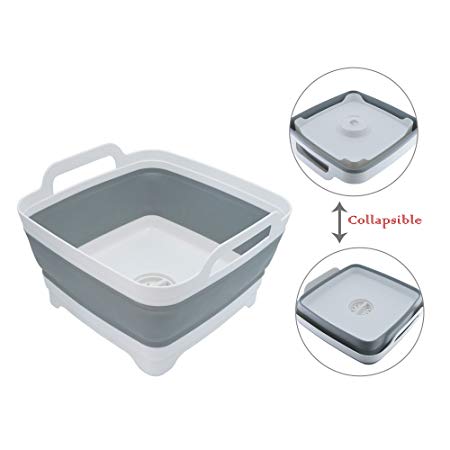 Foldable Strainer Wash and Drain Dish Tub, Silicone Food Drainer Basket Collapsible Colander Over the Sink -Grey