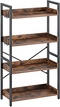 Rolanstar Bookshelf 4 Tier with 4 Hooks , Industrial Wood Bookcase, Vintage Storage Rack with Open Shelves, Rustic Standing Bookshelves Metal Frame Display Rack for Living Room,Bedroom, Rustic Brown