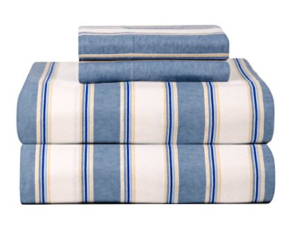 Celeste Home Ultra Soft Flannel Sheet Set with Pillowcase, Queen, Blue Stripe