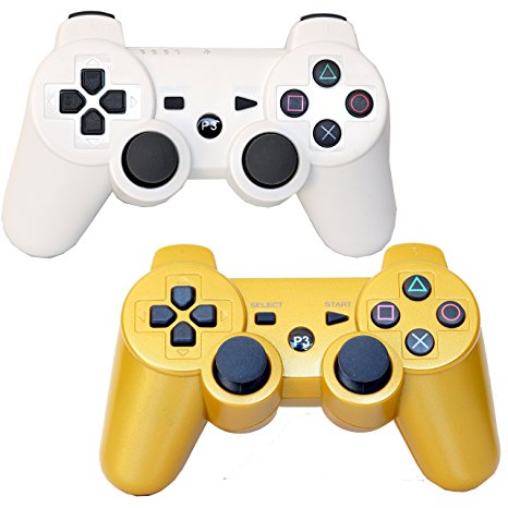 Pack of 2 Bluetooth Dual Vibration Wireless PS3 Remote Controllers For Use With Playstation 3 (Golden/White)