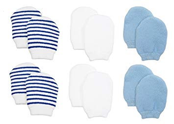 Newborn Baby No Scratch Cotton Mittens (Includes 2 Pairs White, 2 Pairs Blue, 2 Pairs Blue Stripes)