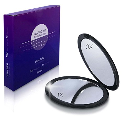 Magnifying Compact Mirror - 10X Magnification Mirror and 1X Mirror - 4 inch Diameter, Compact Mirror for Purses by Mavoro Beauty Essentials (Black)