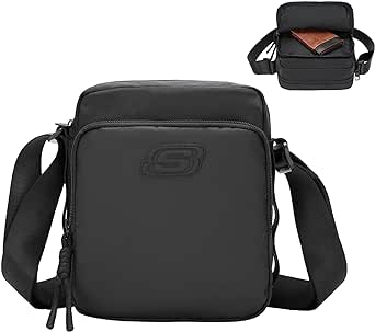 SKECHERS Men Casual Crossbody Messenger Bag, Waterproof Small Shoulder Satchel Bag for Travel Work, Lightweight Daypack Travel Passport handbags Wallet Case for Cell Phone (Black)