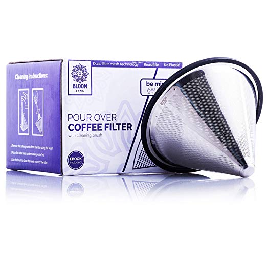 Pour Over Coffee Filter by Bloom Sync, Metal Coffee Filter, Coffee Drip Cone, Cleaning Brush and eBook on Coffee Brewing