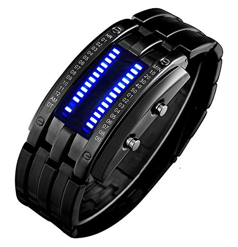 Mens LED Watches Binary LED Digital Waterproof Wrist Watches Stainless Steel Military Watch