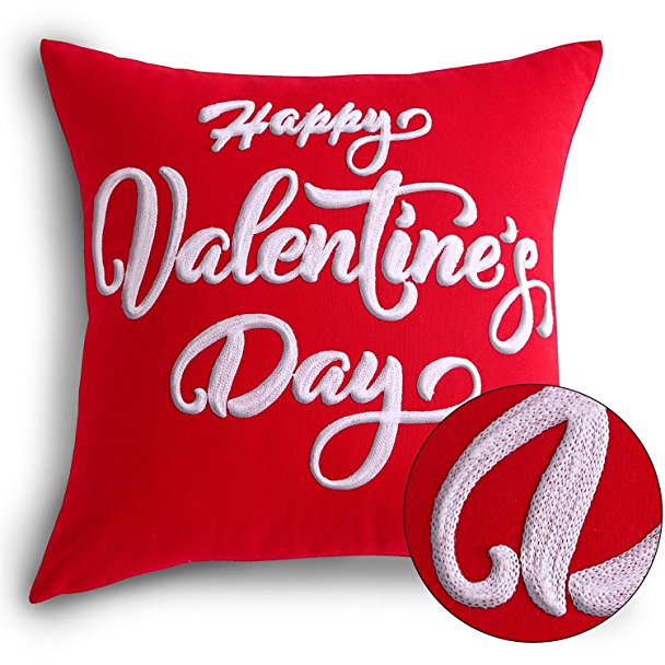 Happy Valentine’s Day Decorations Throw Pillow Case Cushion Cover 18x18 Inch Chain Embroidery Letters Pattern Gifts for Valentine’s Day