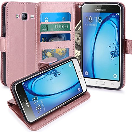 J3 Case, Express Prime Case, Amp Prime Case, LK Luxury PU Leather Wallet Case Flip Cover with Card Slots & Stand For Samsung Galaxy J3 / Express Prime / Amp Prime, ROSE GOLD