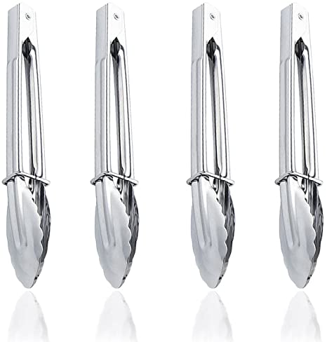 Mini Stainless Steel Salad Appetizer Catering Buffet Serving Utility Tongs with Sliding Locking Rings, Scalloped Tip, 7 Inches, Set of 4