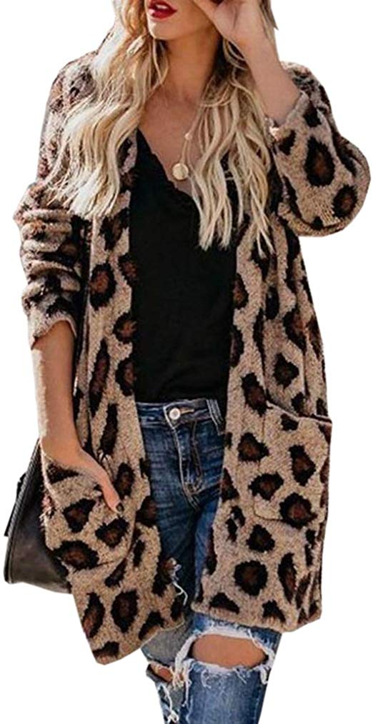 Haloumoning Womens Leopard Print Chunky Cardigan Fluffy Fuzzy Coats Knitted Open Front Sweaters with Pockets