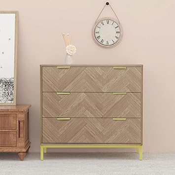 Anmytek Modern Sideboard Storage Cabinet with 3 Drawers, Natural Oak Chest of Drawer for Living Room Bedroom H0037