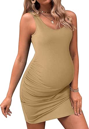 Ekouaer Womens Summer Maternity Dress Side Ruching Sleeveless Bodycon Dress Cute Pregnancy Dress S-XXL