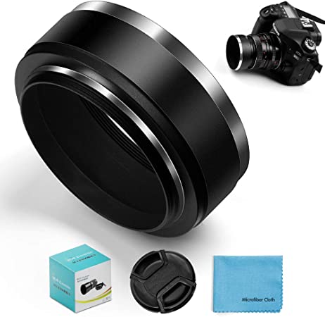 52mm Metal Standard Screw-in Standard Lens Hood Sunshade with Centre Pinch Lens Cap for Canon Nikon Sony Pentax Olympus Fuji Sumsung Leica Camera  Cleaning Cloth