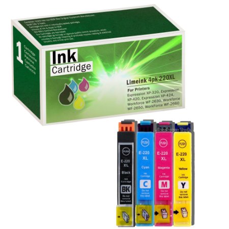 Limeink 4 Pack Remanufactured 220XL Ink Cartridges 1 Black 1 Cyan 1 Magenta 1 Yellow Color Set Use for Epson Expression XP-320 420 424 WorkForce WF-2630 WF-2650 WF-2660 Series Printers