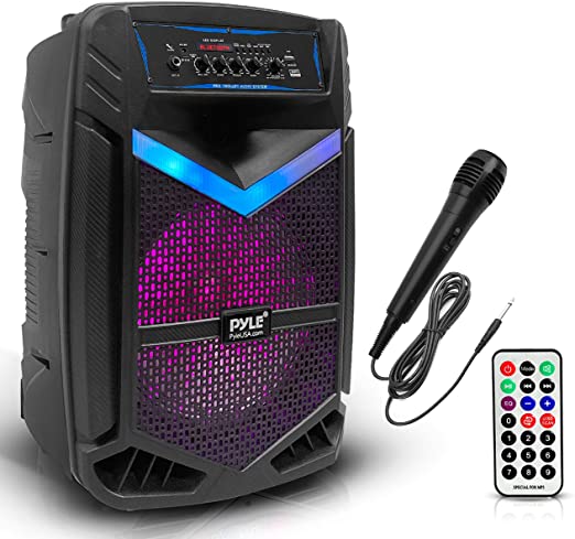 Portable Bluetooth PA Speaker System - 600W Rechargeable Outdoor Bluetooth Speaker Portable PA System w/ 10” Subwoofer 1” Tweeter, Recording Function, Mic In Party Lights USB/SD Radio - Pyle PPHP1042B