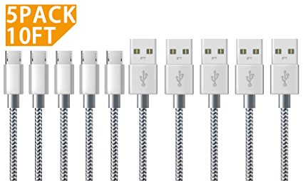 Marktol Micro USB cable Charger(10ft/3M-5Pack,Grey) High Speed Android Nylon Braided Cord for Samsung Galaxy S6/S7/S4/S3, Sony, LG, HTC, Nexus, Kindle, PS4 and More (10ft-5pack)