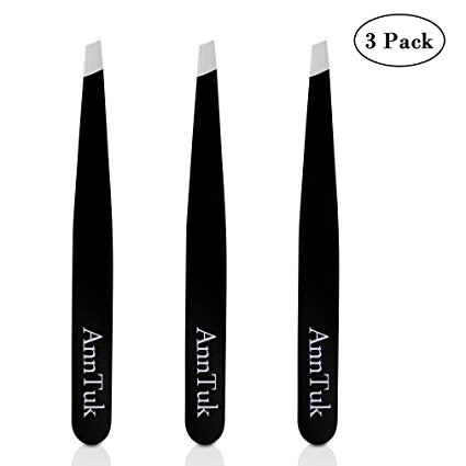 Slant Tweezers Set, 3 Pcs Anntuk Premium Stainless Steel Slant Tips Tweezers, Best Precision Eyebrow and Hair Remover (Black)