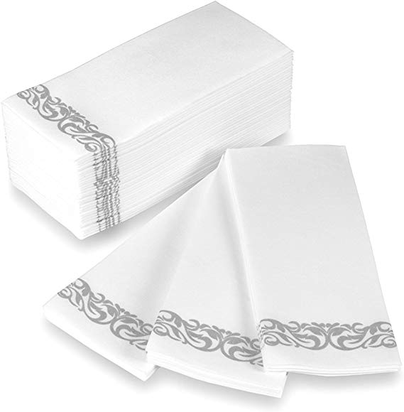 Disposable Hand Towels and Decorative Bathroom Napkins with Floral Trim Perfect for Holidays, Dinners, Parties, Weddings, Catering Events, and Everyday Use, 100 Count, Silver