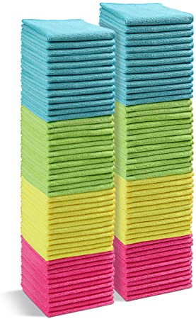 Microfiber Cleaning Cloth,100Pack Cleaning Rag,Cleaning Towels with 4 Color Assorted,12"X12"(Green/Blue/Yellow/Pink)