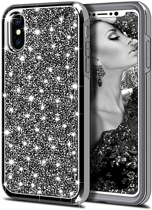 HoneyAKE Case for iPhone Xs Case iPhone X Case Bling Rhinestone Diamond Sparkly Crystal Dual Layer Handmade Shockproof Soft Rubber Bumper Hard PC Hybrid Protective Cover for iPhone Xs iPhone X, Black