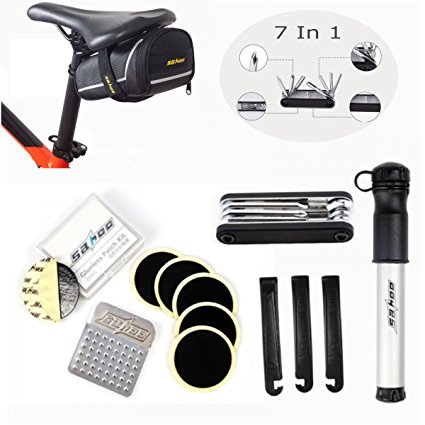 OUTERDO 7 in 1 Multi-Function Bike Bicycle Repair Tool Kit Mini Hose Pump Set with Tail Package Bag