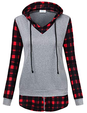 Faddare Women's Hooded Sweatshirts Long Sleeve 2 in 1 Checked Pullover Tops with Pockets