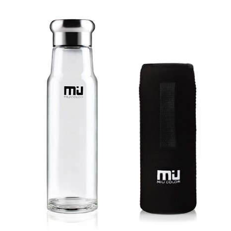 MIU COLOR® Glass Water Bottle - Eco-friendly Borosilicate, BPA, PVC and Lead Free, Solid Water Bottle with Portable Nylon Sleeve, Bottle Brush, Healthy for Outdoor, Running, Bike, Car, Girls, 18 Ounce Tea Infuser, 18.5 Ounce Non-tea Infuser