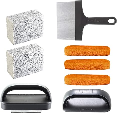 Blackstone 5060 Grill & Griddle Kit 8 Pieces Premium Flat Top Grill Accessories Cleaner Tool Set-1 Stainless Steel 6" Scraper, 3 Scouring Pads, 2 Cleaning Bricks, and 1 Handle, Black